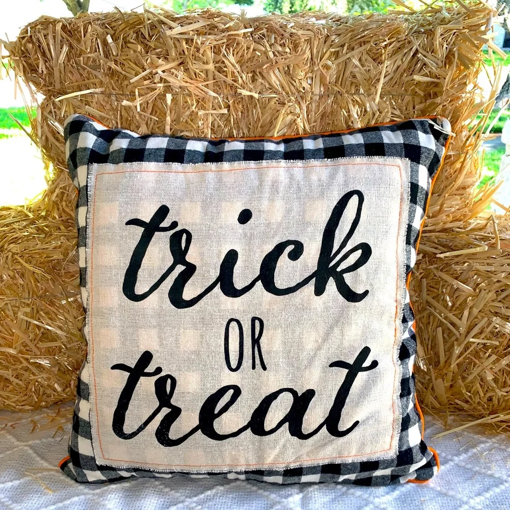 Halloween Decor Pillow Trick or Treat Checkered Black/Orange/Cream- NWT